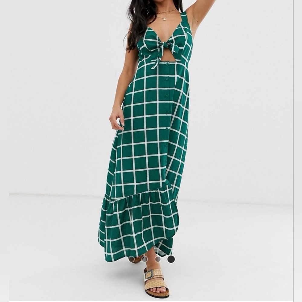 ASOS Green White Grid Tie Front Midi Dress Ruffle Hem Size 4